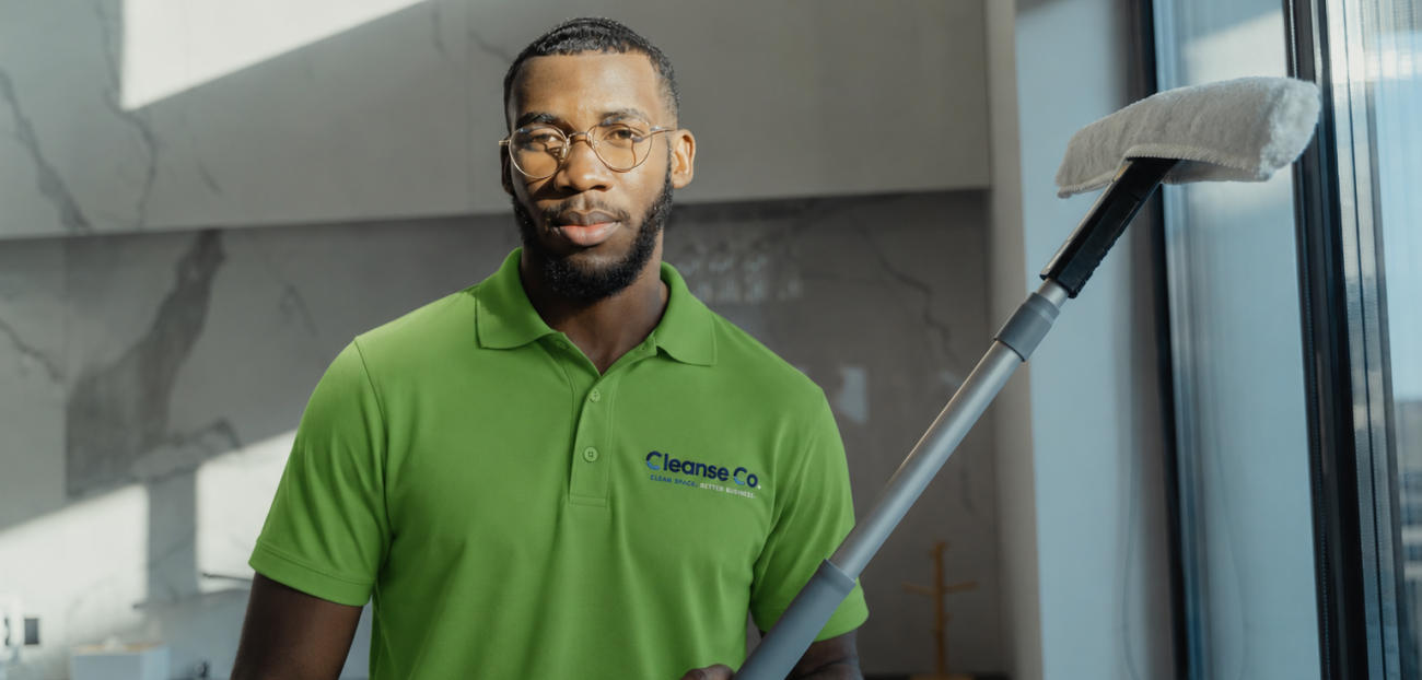 A Cleanse Co cleaner in uniform detailing a bright interior window